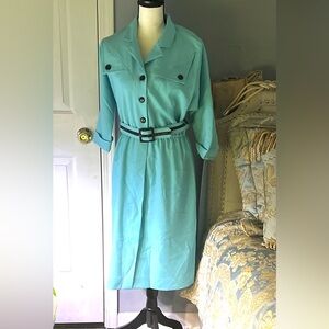 VINTAGE Hal Hardin Dress Midi Sz Med Boho Blue Belted Secretary Date Night
